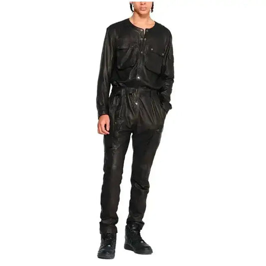 Men’s Black Cargo-Style Leather Jumpsuit-0