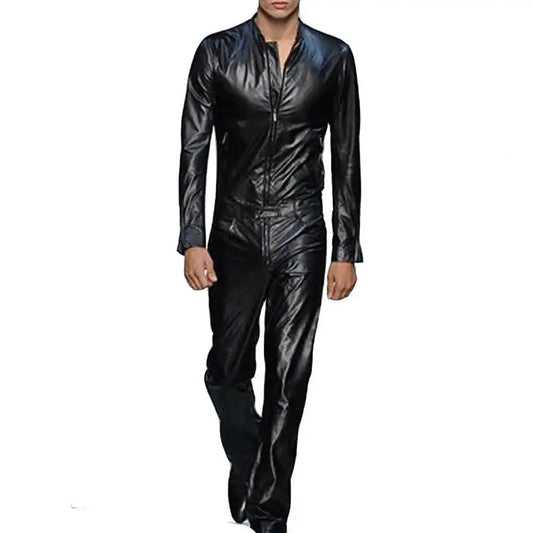 Men’s Black Classic Style Leather Runaway Jumpsuit-0