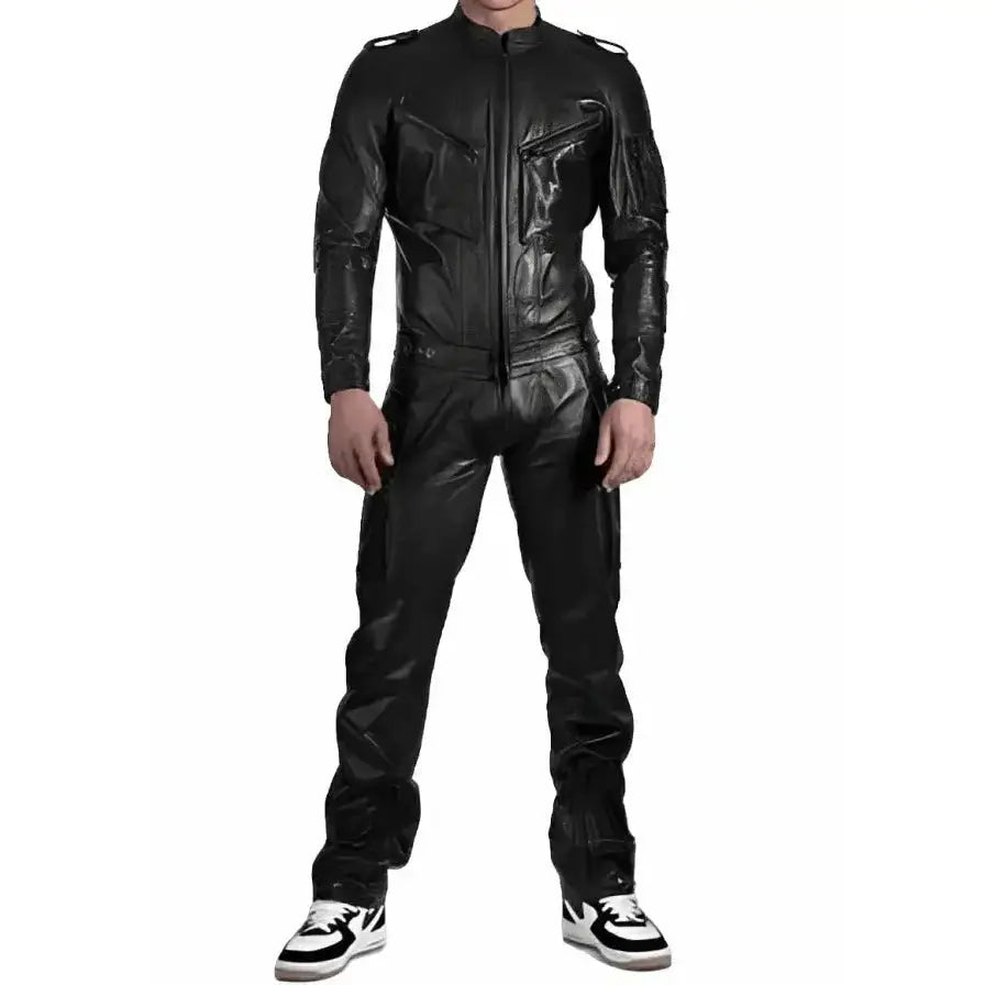 Men’s Black Leather Jumpsuit with Straps-0