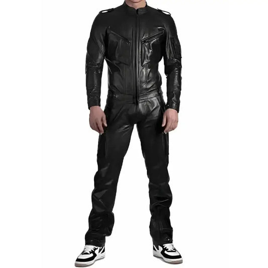 Men’s Black Leather Jumpsuit with Straps-0