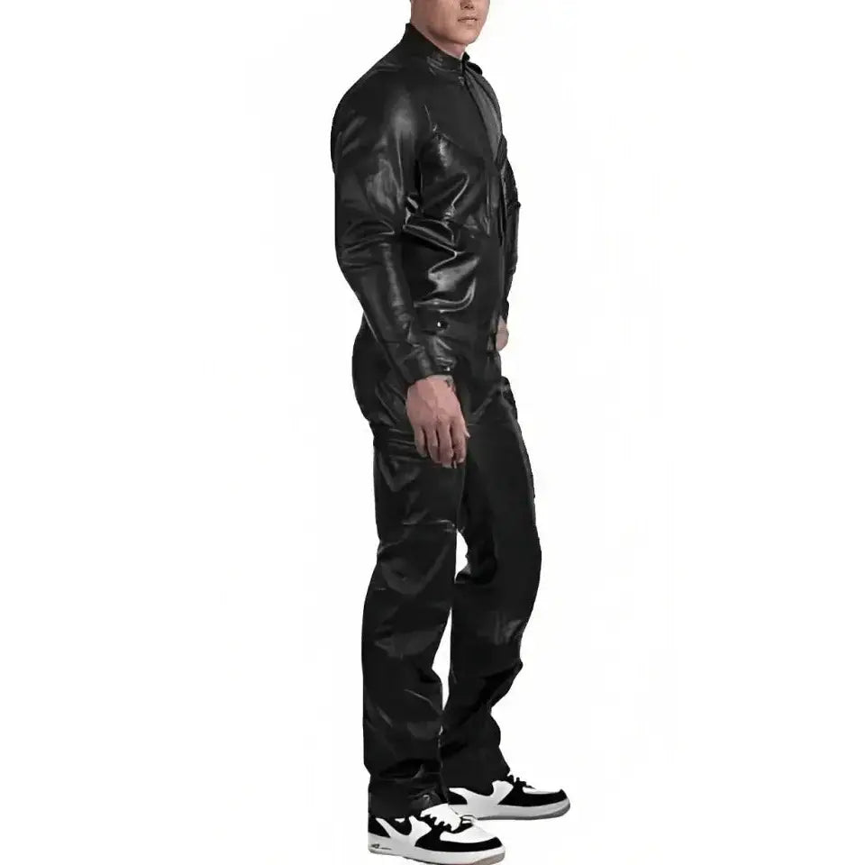 Men’s Black Leather Jumpsuit with Straps-1