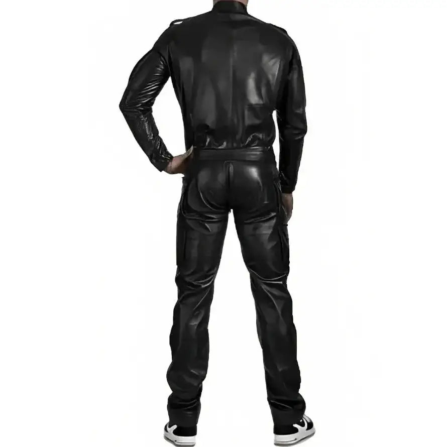 Men’s Black Leather Jumpsuit with Straps-2