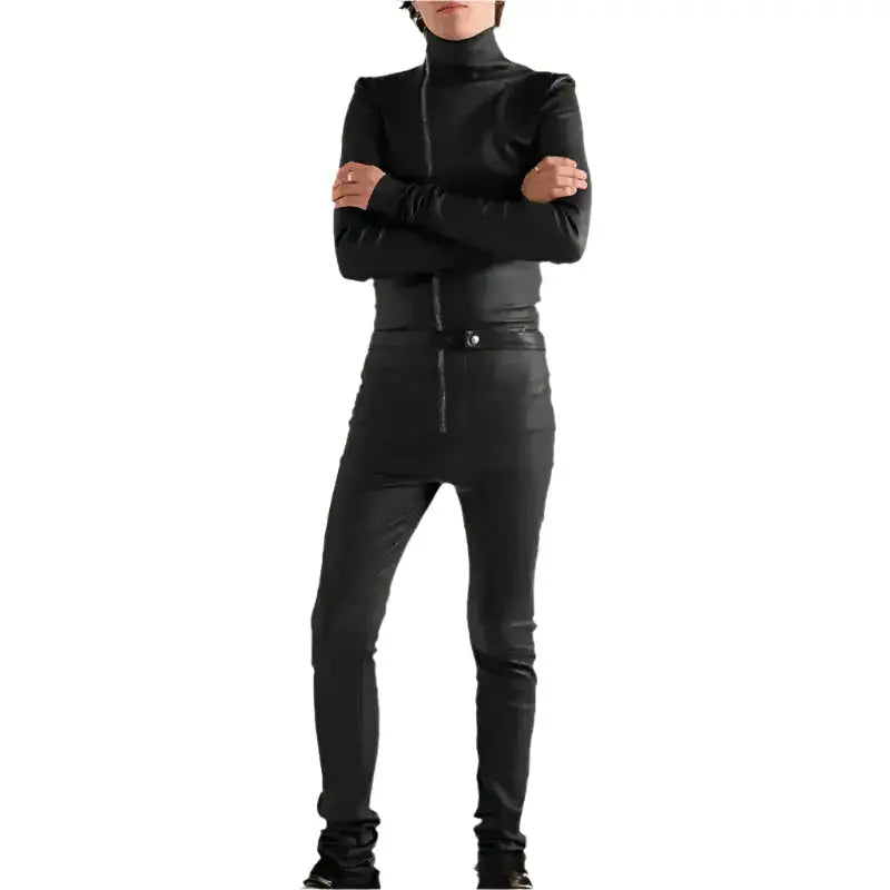 Men’s Black Slim Fit Leather Jumpsuit-1