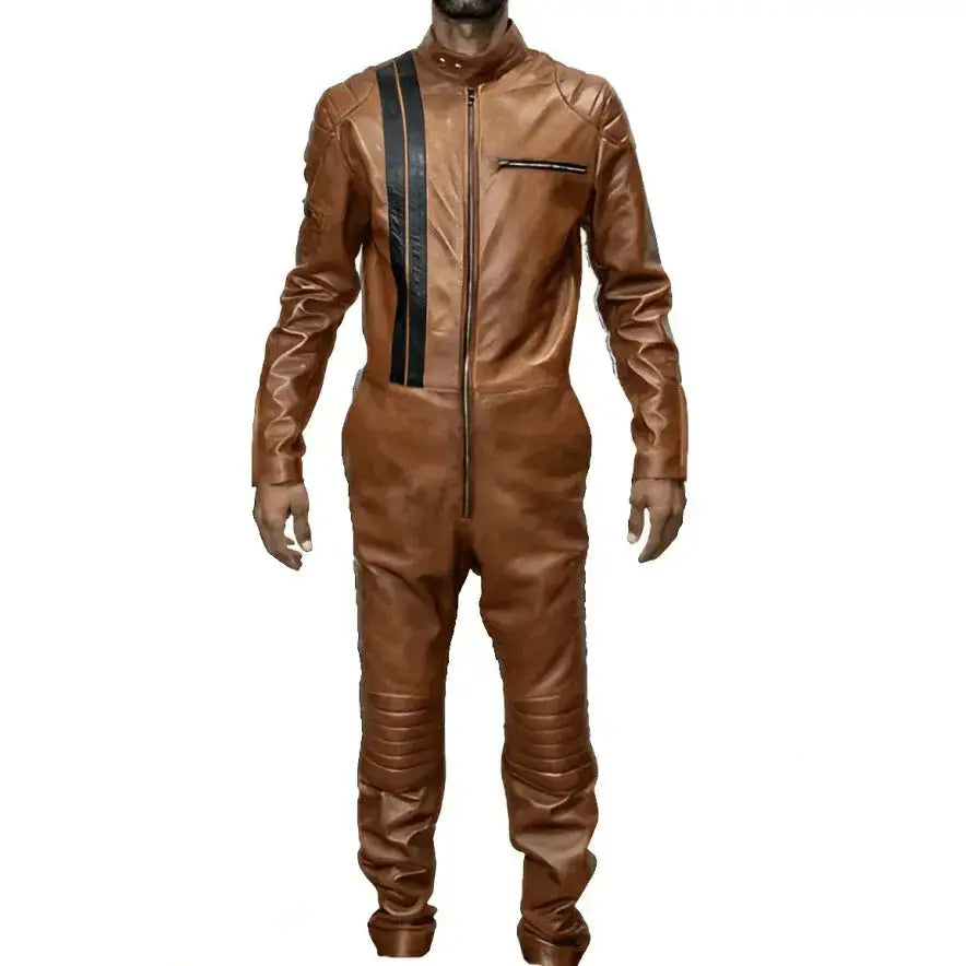Men’s Brown Leather Biker Jumpsuit-0
