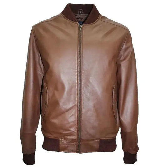Mens Brown Lambskin Leather Bomber Jacket-0