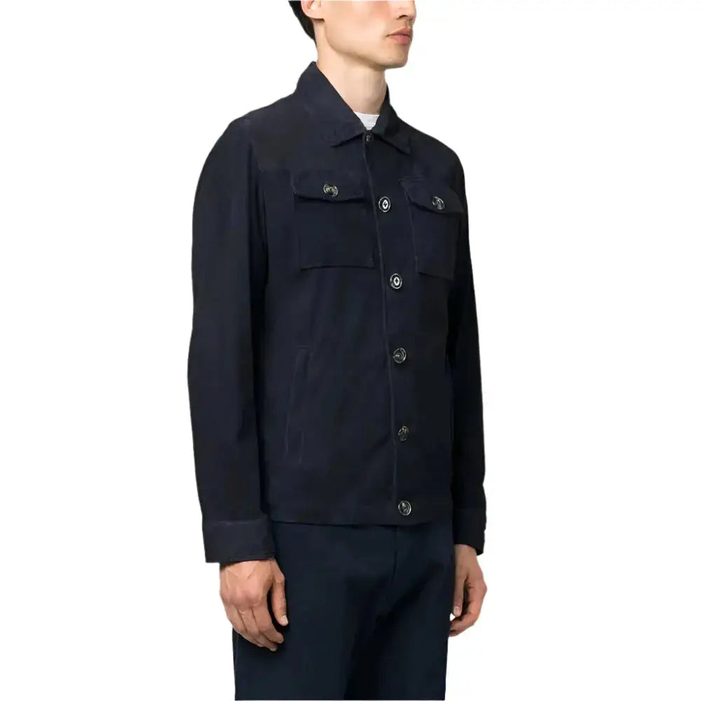 Men's Navy Blue Buttoned Suede Leather Shirt Jacket-2