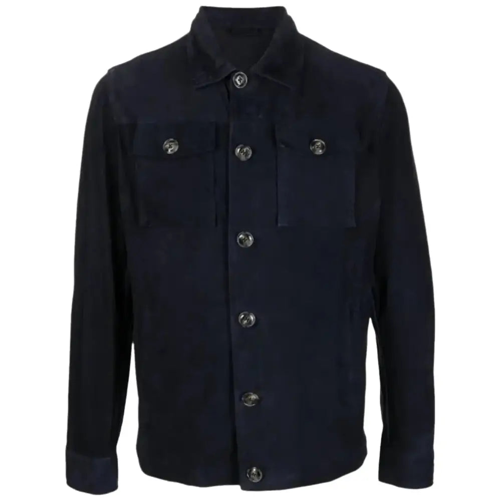 Men's Navy Blue Buttoned Suede Leather Shirt Jacket-3