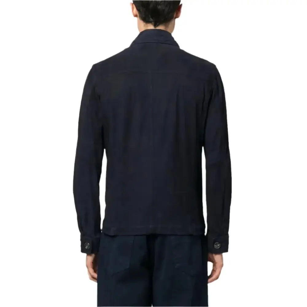 Men's Navy Blue Buttoned Suede Leather Shirt Jacket-1