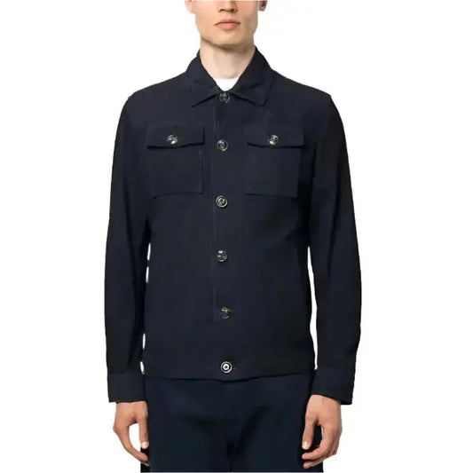 Men's Navy Blue Buttoned Suede Leather Shirt Jacket-0