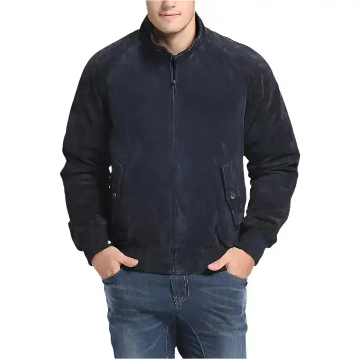 Men's Navy Blue Suede Bomber Leather Jacket-4