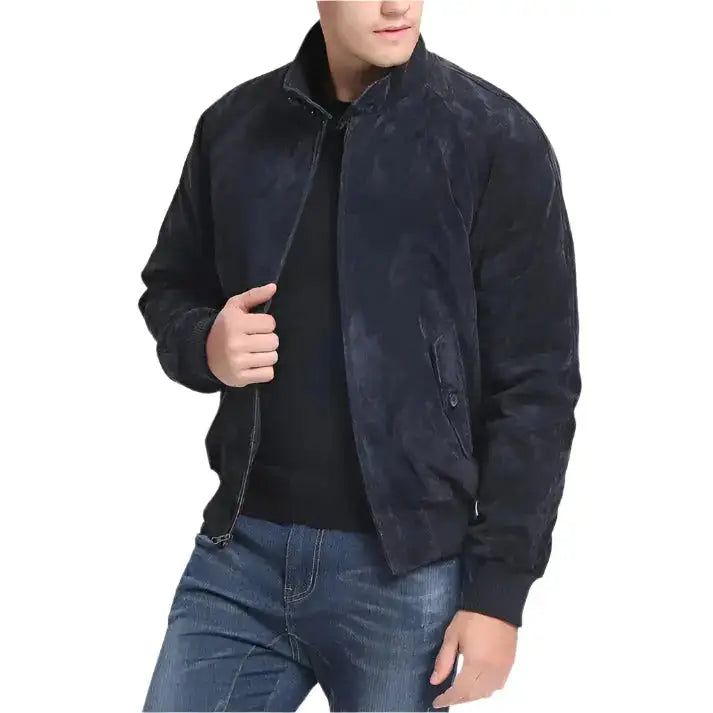 Men's Navy Blue Suede Bomber Leather Jacket-2