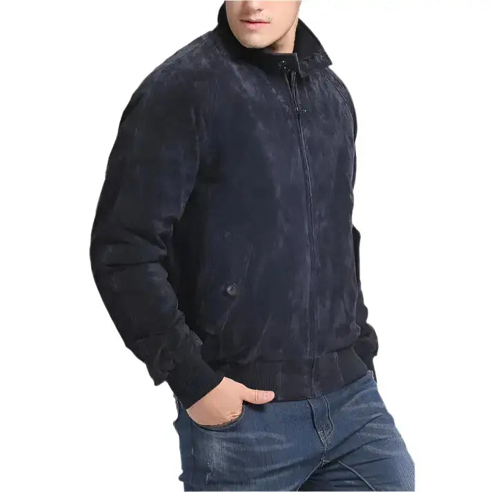 Men's Navy Blue Suede Bomber Leather Jacket-3