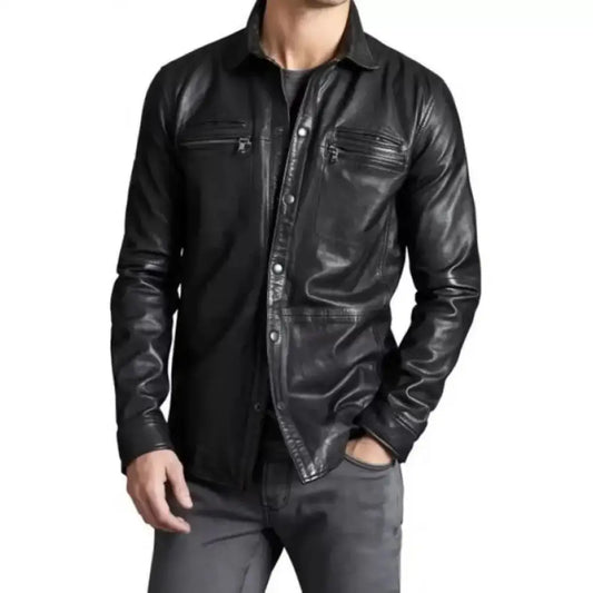 Men’s Black Real Sheepskin Leather Shirt-0