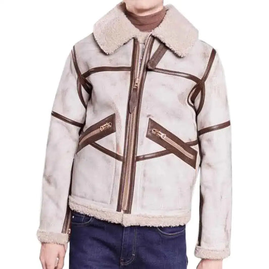 Mens Waxed Leather Shearling Aviator Jacket-0