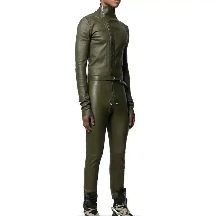 Men's Zipper Leather Jumpsuit-1