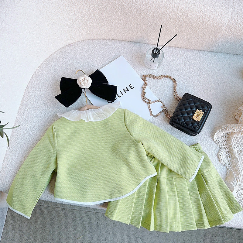 Girls Solid Green Ruffle Lace Neck Pockets Cardigan&Skirt Casual Sets-2