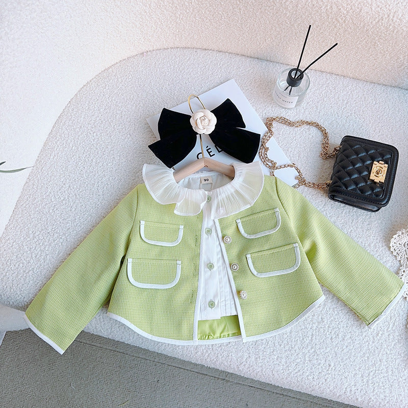Girls Solid Green Ruffle Lace Neck Pockets Cardigan&Skirt Casual Sets-3