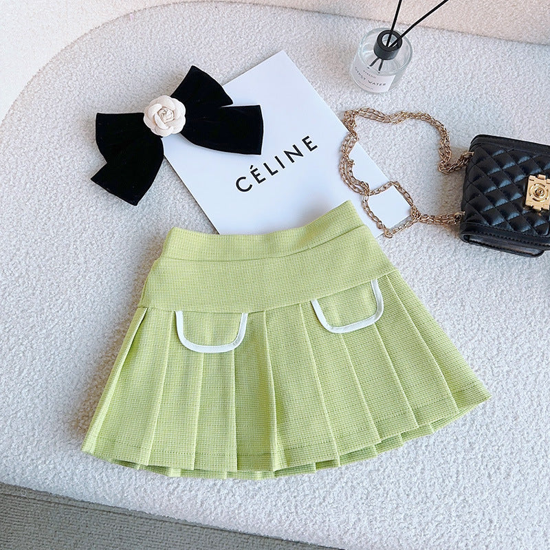 Girls Solid Green Ruffle Lace Neck Pockets Cardigan&Skirt Casual Sets-4