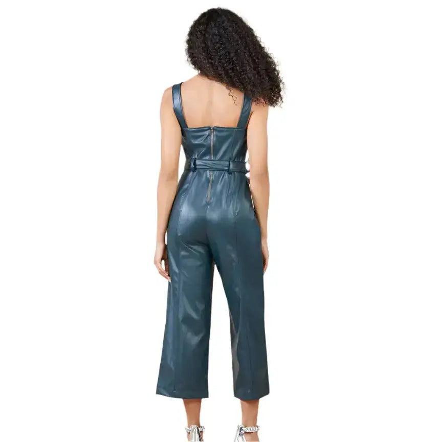 Women’s Sleeveless Utility Blue Leather Jumpsuit-1