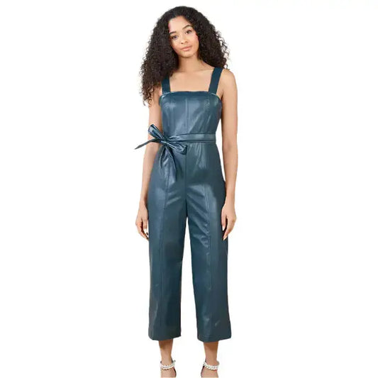 Women’s Sleeveless Utility Blue Leather Jumpsuit-0