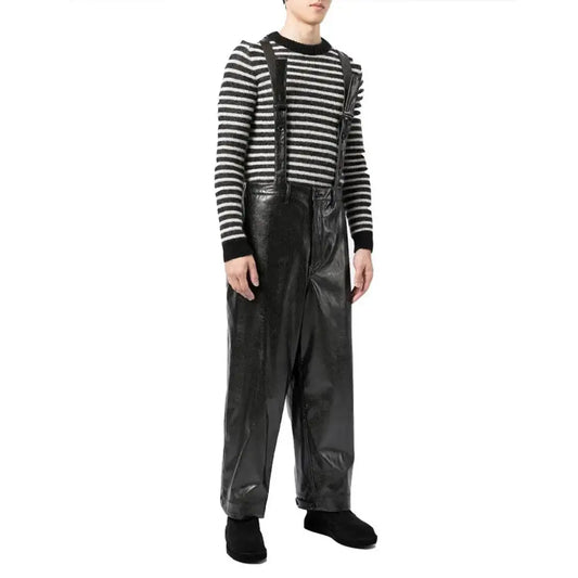 Men’s Solid Black Multi-Pocket Leather Dungaree-0