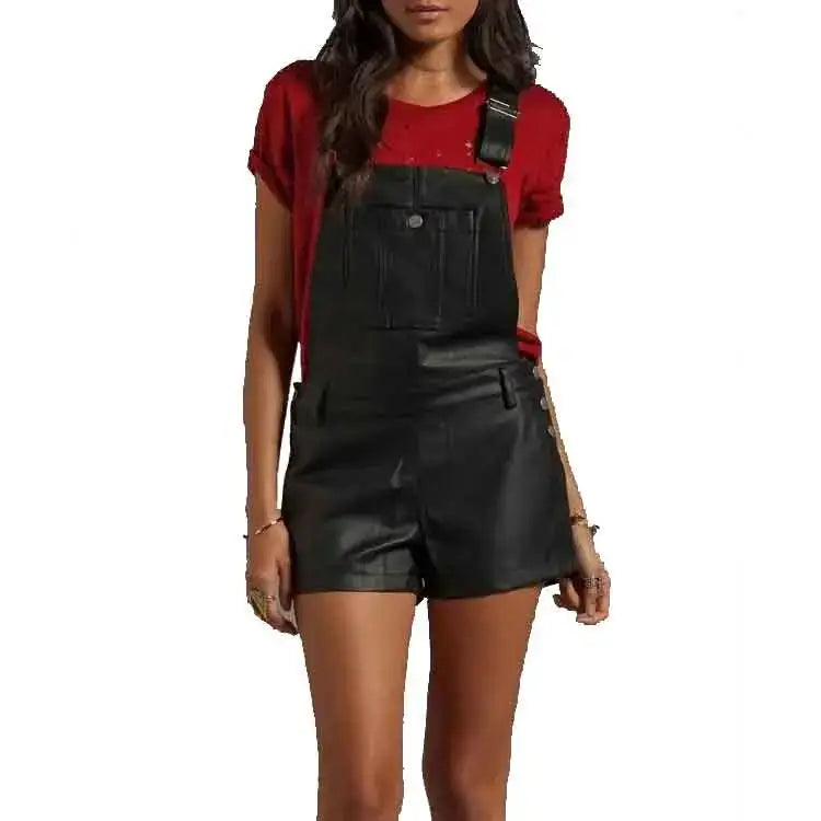 Women's Black Faux Leather Overall Romper-0