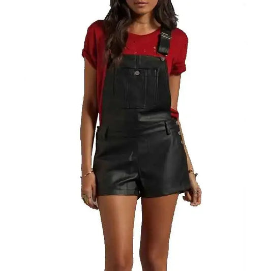 Women's Black Faux Leather Overall Romper-0