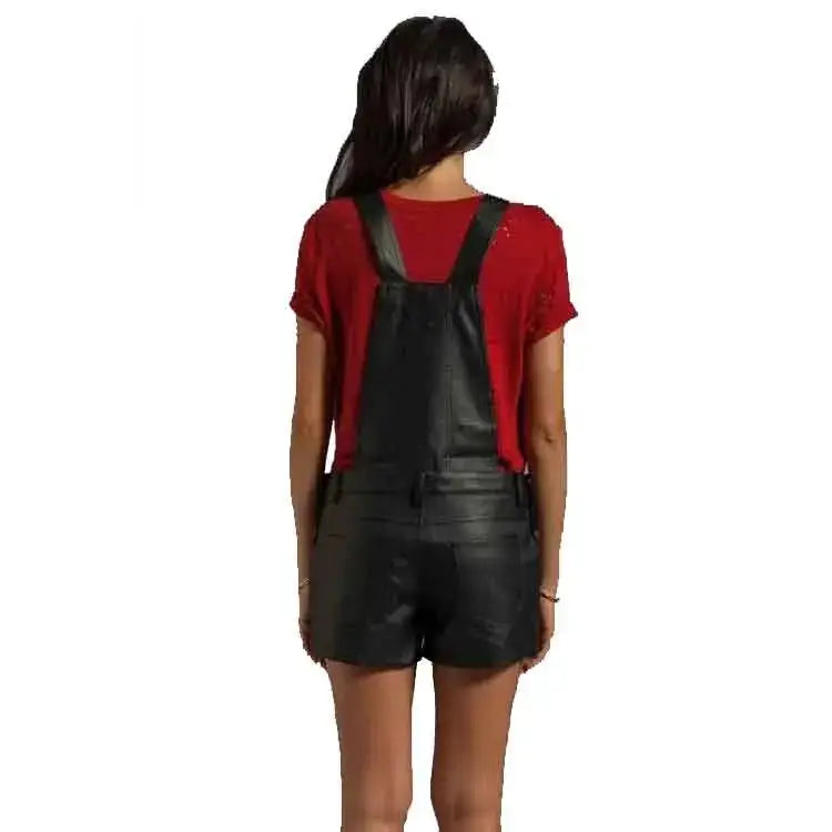 Women's Black Faux Leather Overall Romper-1