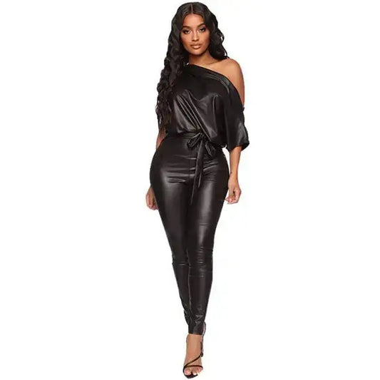 Women’s Fashion Off-Shoulder Leather Bodysuit Jumpsuit-0