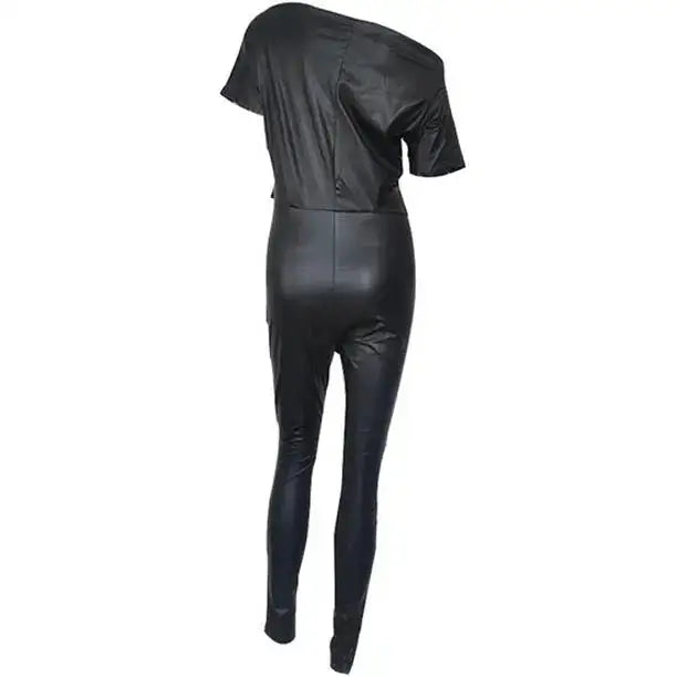 Women’s Fashion Off-Shoulder Leather Bodysuit Jumpsuit-2