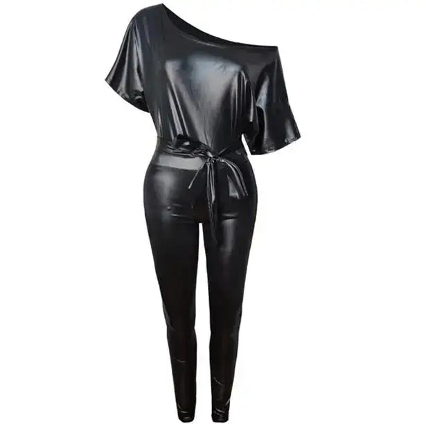 Women’s Fashion Off-Shoulder Leather Bodysuit Jumpsuit-1