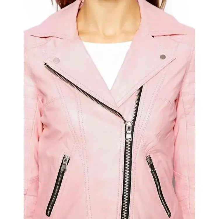 Women's Pink Leather Biker Jacket-2