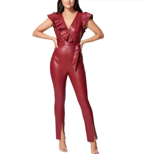 Women’s Ruffle-Detail Leather Jumpsuit-0
