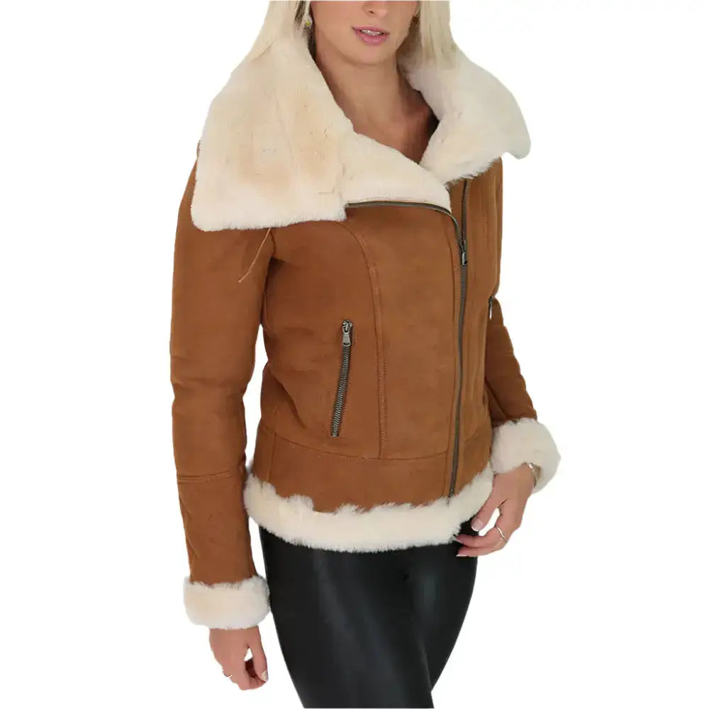 Women’s Tan Shearling Leather Jacket-1