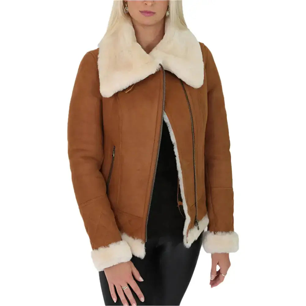 Women’s Tan Shearling Leather Jacket-0