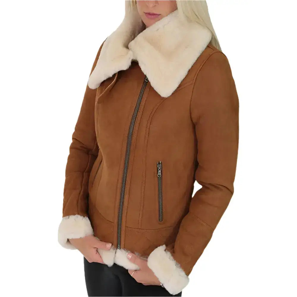 Women’s Tan Shearling Leather Jacket-2